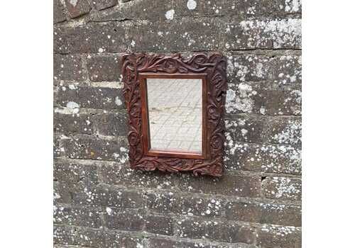Vintage Hand Carved Wooden Wall Mirror, Ornate Floral Leaf Design, Boho Rustic Cottage Decor Small Framed Mirror 30cm X 25cm