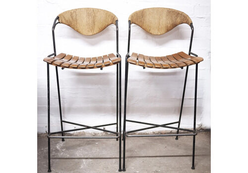 Wrought Iron Wicker & Slatted Wood Bar Stools By Arthur Umanoff For Raymor, 1950s, Set Of 2