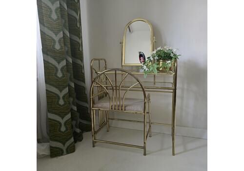 Vintage Hollywood Regency Dressing Table Set Modern Chrome And Glass Table With Mirror And Stool
