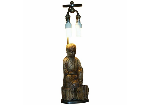 Very Rare Circa 1780 1800 Chinese Rootwood Carved Statue Of Buddha Table Lamp