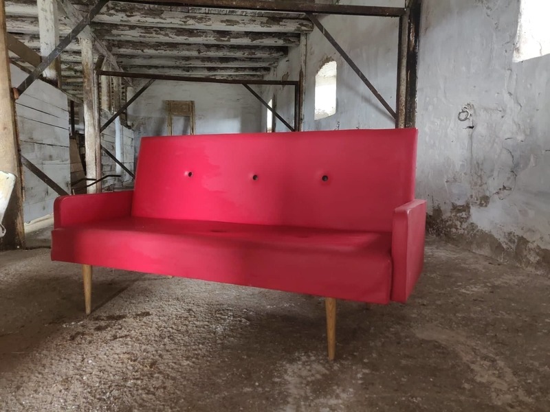 Vintage 3 Seater Timber Rockafella Sofa Sleek With Red Vinyl Cover