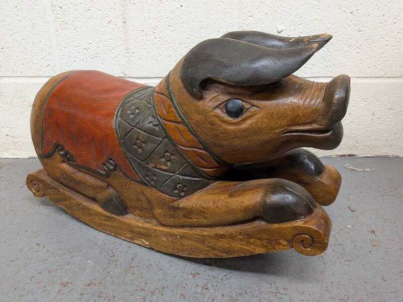 Vintage Polychrome Carved Wooden Rocking Pig | Vinterior