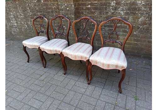Set Of 4 Antique Victorian Balloon Back Dining Chairs – Carved Rosewood With Cabriole Legs & Upholstered Seats C.1860
