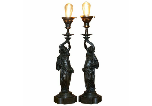 Pair Of Late Victorian French Solid Bronze Table Lamps Of Art Nouveau Maidens