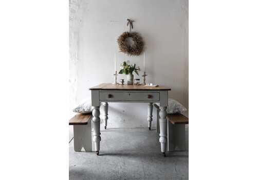 Vintage Pine Farmhouse Dining Table On Castors With Zinc Grey Painted Base And Cutlery Drawer