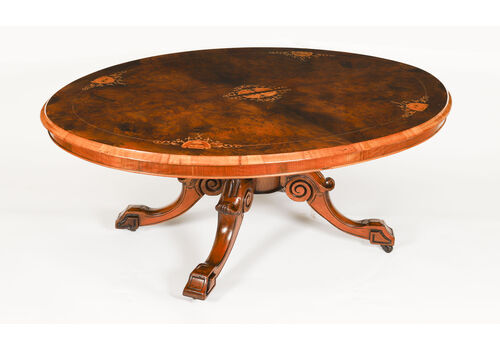 Antique Burr Walnut & Marquetry Inlaid Oval Coffee Table 19th Century