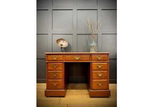Vintage Walnut Pedestal Desk Leather Top – Antique Style Writing Table 9 Drawers