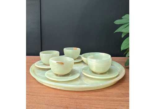 Vintage Onyx Tea Set With Tray – Hand Carved Stone Cups, Saucers & Serving Tray – Mid Century Collectible Home Decor