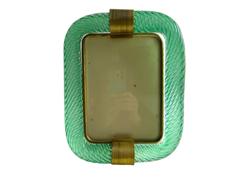 Mid Century Modern Style Green "Torchon" Murano Glass Picture Frame And Brass In Barovier Style