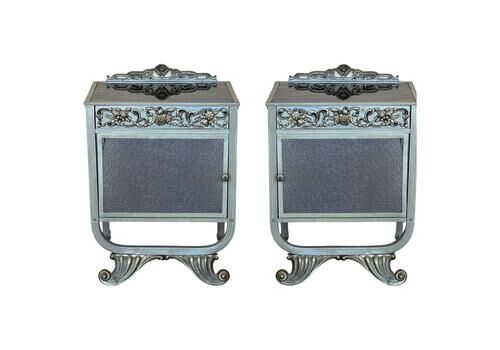 Pair Of Art Deco Metal Bedside Tables With Original Glass Door