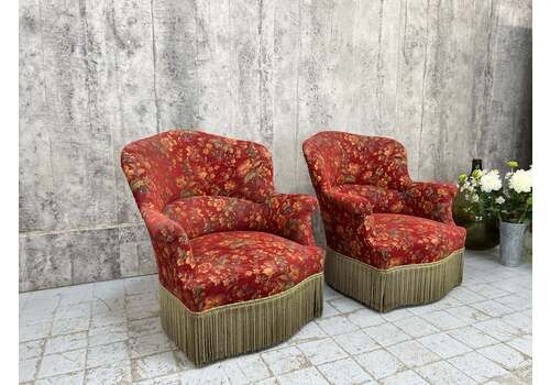 Pair Of Red Jaquard Napoleon III Turned Leg Armchairs