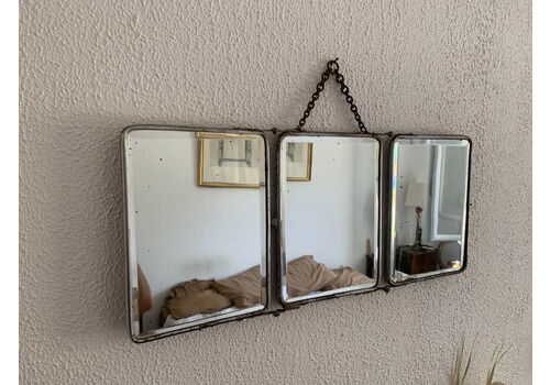 Vintage 1930s Barber Triptych Mirror With Camouflage Beveled Glass   25 X 59 Cm