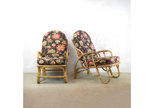 Pair Vintage Mid Century Bamboo Cane Lounge Chairs Floral Albini Boho #103003