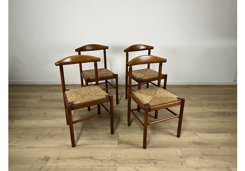 Set Of 4 Straw Wood Chairs 60’ Vintage Design