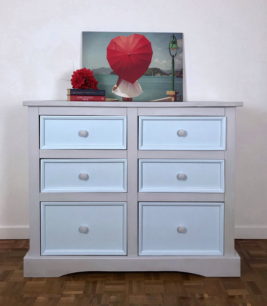 Large Grey And Soft Blue Wooden Chest Of Drawers Hand Painted