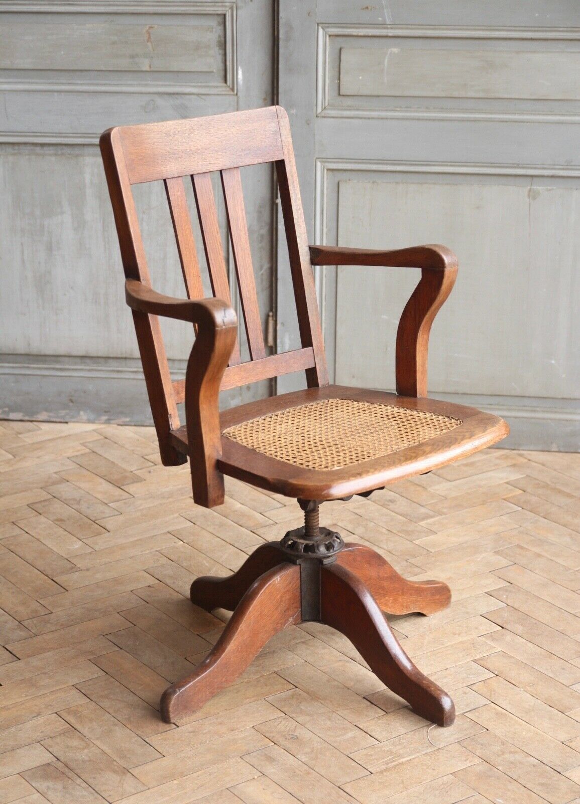 Vintage Antique Belgian Oak Office Captains Swivel Chair With Cane Seat