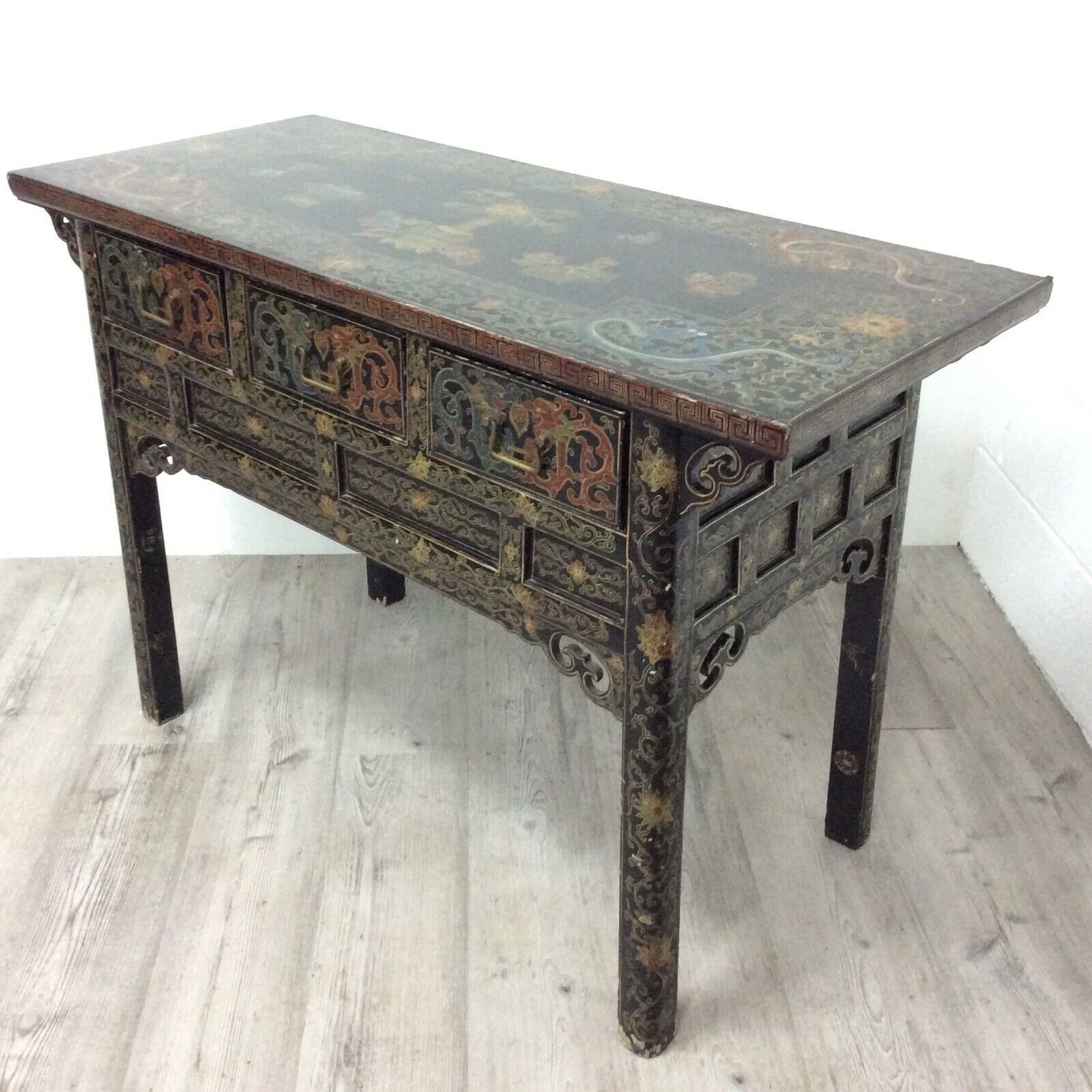 Antique Chinese Side Table Black Lacquer Cabinet With Hand Painted Panels Antique Chinese Side Table Black Lacquer Cabinet With Hand Painted Panels