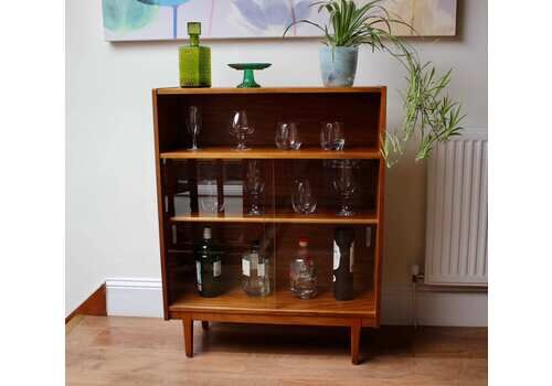 Mid Century Teak Glass Fronted Display Drinks Cabinet