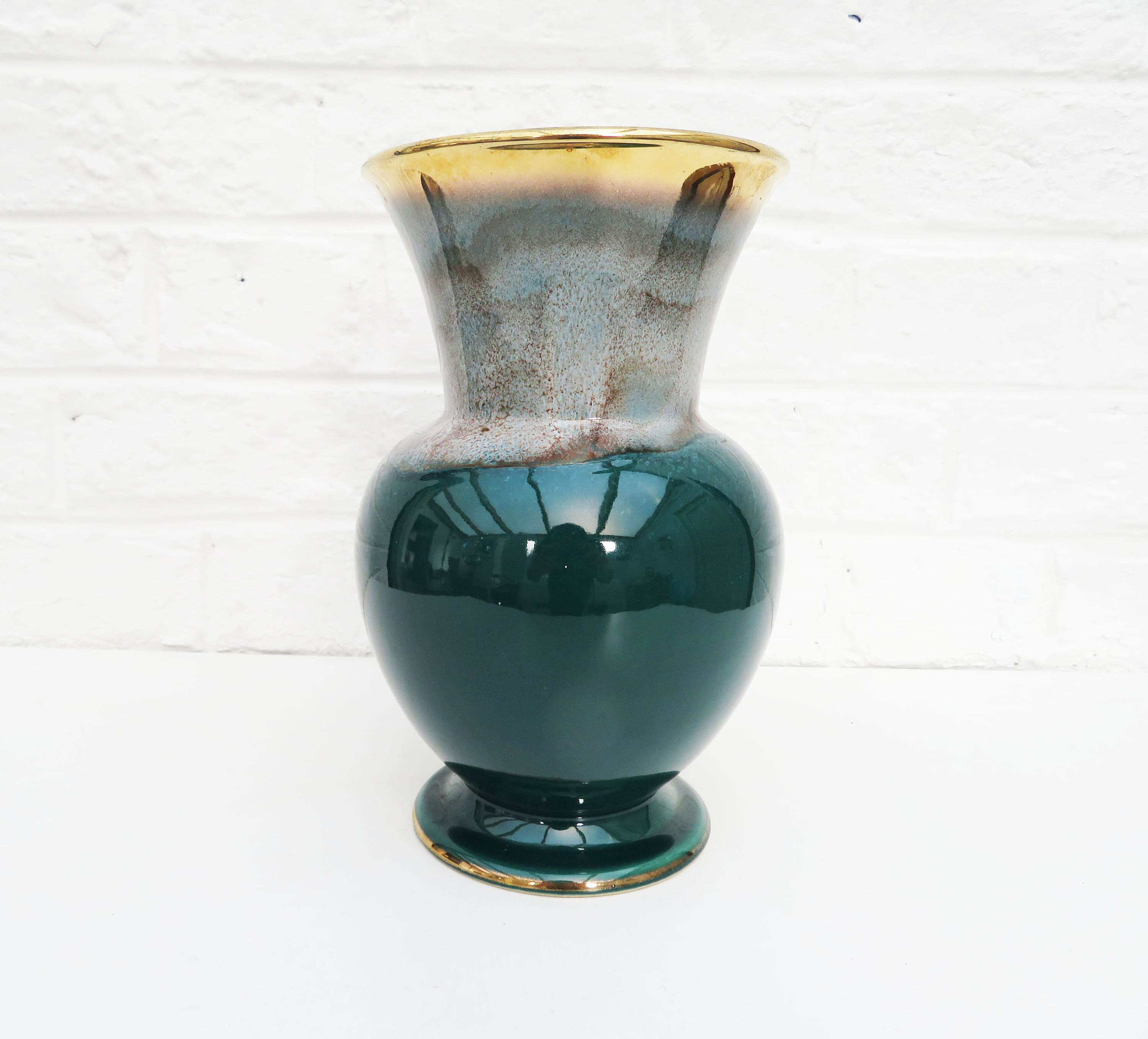 Vintage Tall Round Ceramic Vase Germany Bay Vase 1080 22 Urn Shaped Vase Bright Dark Green Glazing Drip Glaze Gold Rims Vinterior