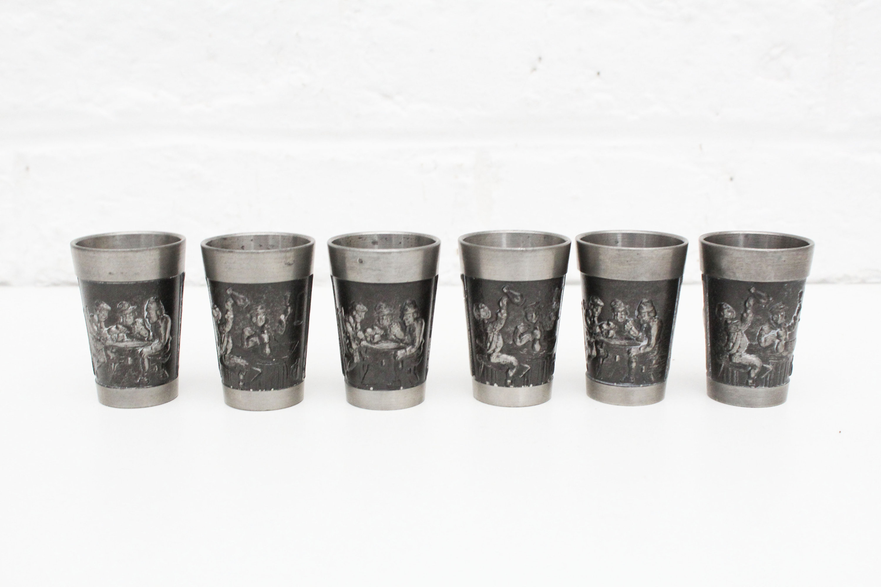 6 Vintage Stacking Pewter Shot Cups, Stirrup Cups, Liqueur Glasses