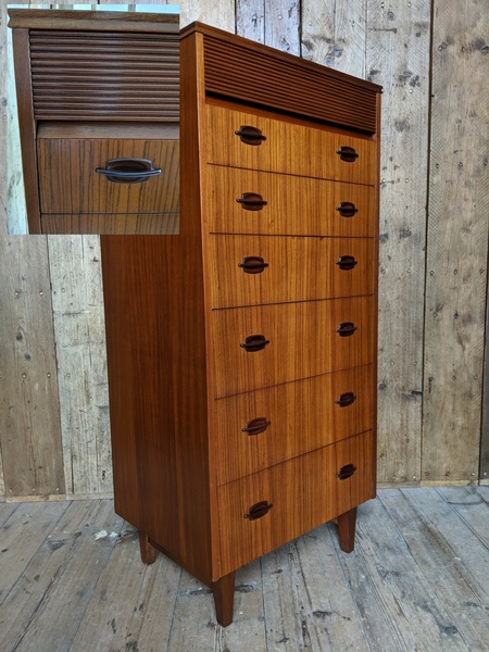 Zebra Wood Afromosia Teak Tallboy Chest Of Drawers Rare 1960s