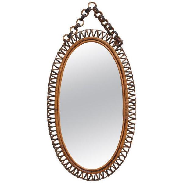 Italian Oval Shaped Rattan Wall Mirror With Hanging Chain Circa 1960s