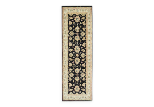 Ziegler Hallway Runner In Black Wool With A Floral Pattern, Handmade