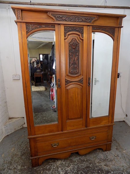 Antique Edwardian Walnut Double Wardrobe Mirrored Doors Drawer