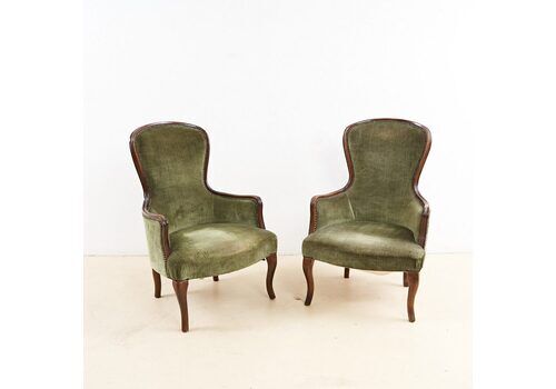 Pair Of Antique Walnut Armchairs With Green Velvet Seat