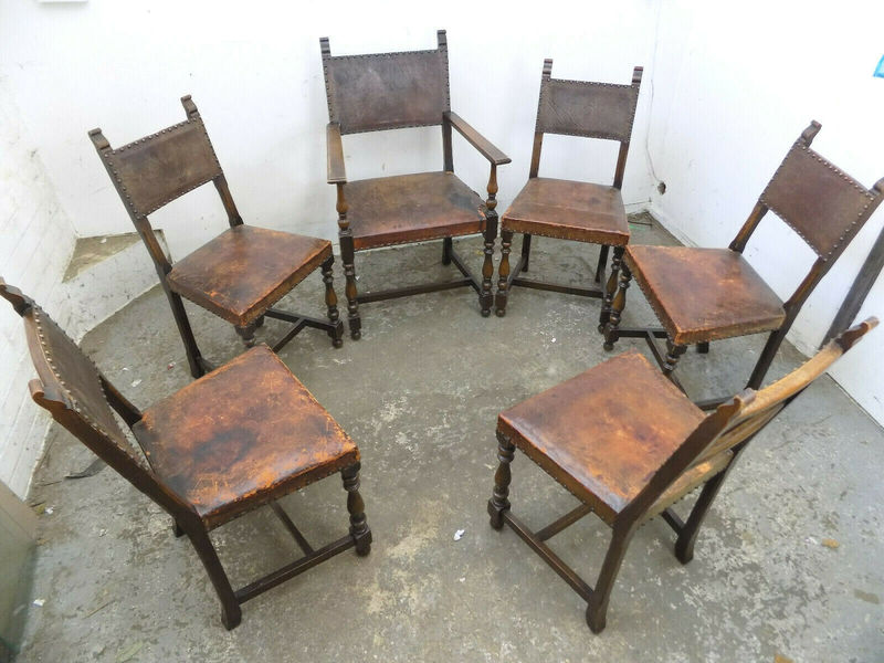 Six Vintage Oak Dining Chairs Leather Seats Carver Room Cottage Six Vintage Oak Dining Chairs Leather Seats Carver Room Cottage