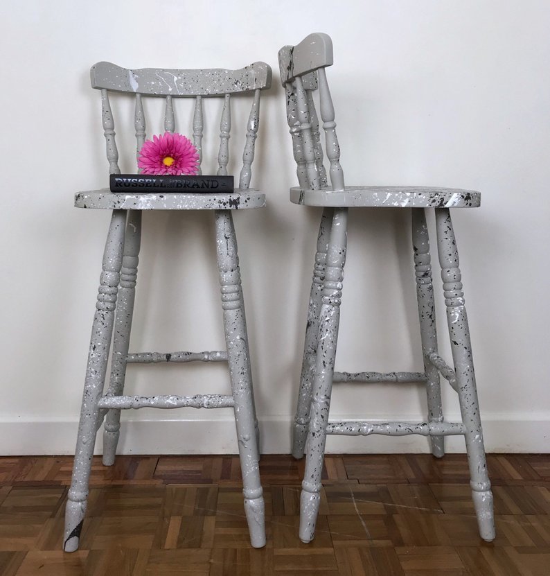 Solid Wood Light Grey Set Of Bar Stools With Eye Catching Paint Splatter Graffiti Finish Hand Painted Kitchen Chairs Matching Solid Wood Light Grey Set Of Bar Stools With Eye Catching Paint Splatter Graffiti Finish Hand Painted Kitchen Chairs Matching