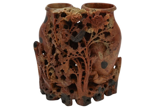 Early 20th Centry Oriental Chinese Hand Carved Soapstone Decorative Vases
