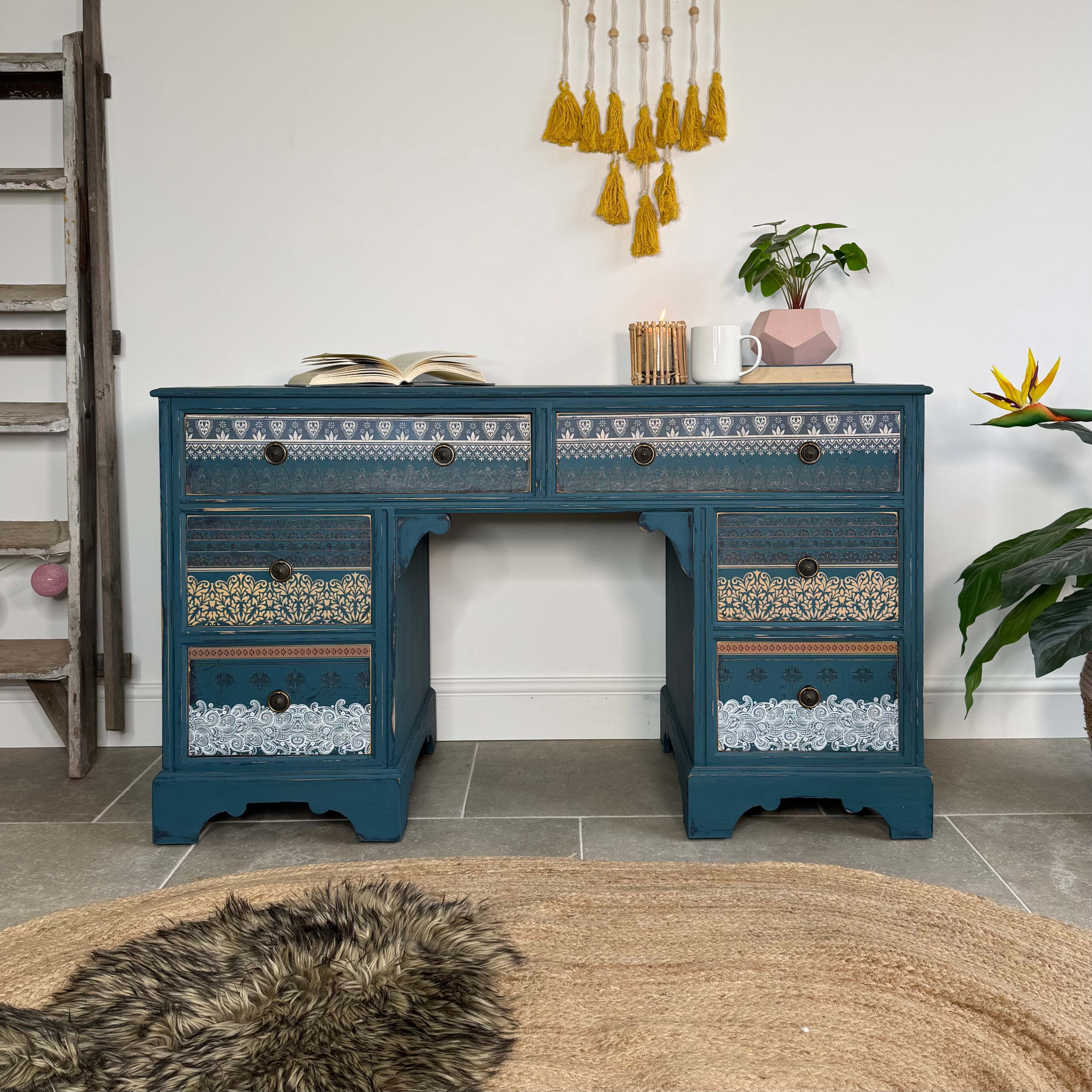 bohemian dressing table Vintage Desk / Painted Colourful Patterned Blue, Style Size:3X Tadashi Shoji Burgundy Ball Gown Prom