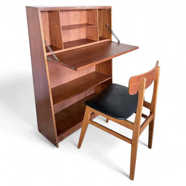 Mid Century Slimline Teak Bureau Writing Desk – Compact | Vinterior