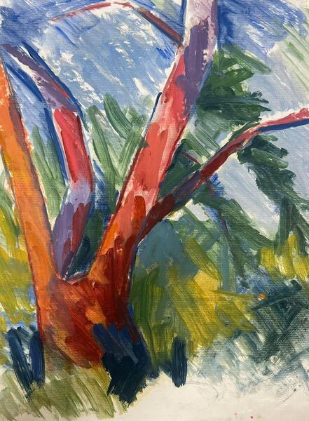 Vibrant Expressionist Landscape With Bold Red And Orange Tree Trunks ...