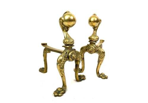 Antique Pair Of Art Nouveau Brass Fire Dogs / Log Burner / C.1900 / Victorian