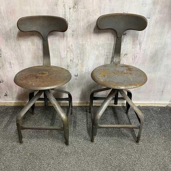 Image showcasing Pair Vintage Industrial Metal Chairs Adjustable Seat Height Office ...
