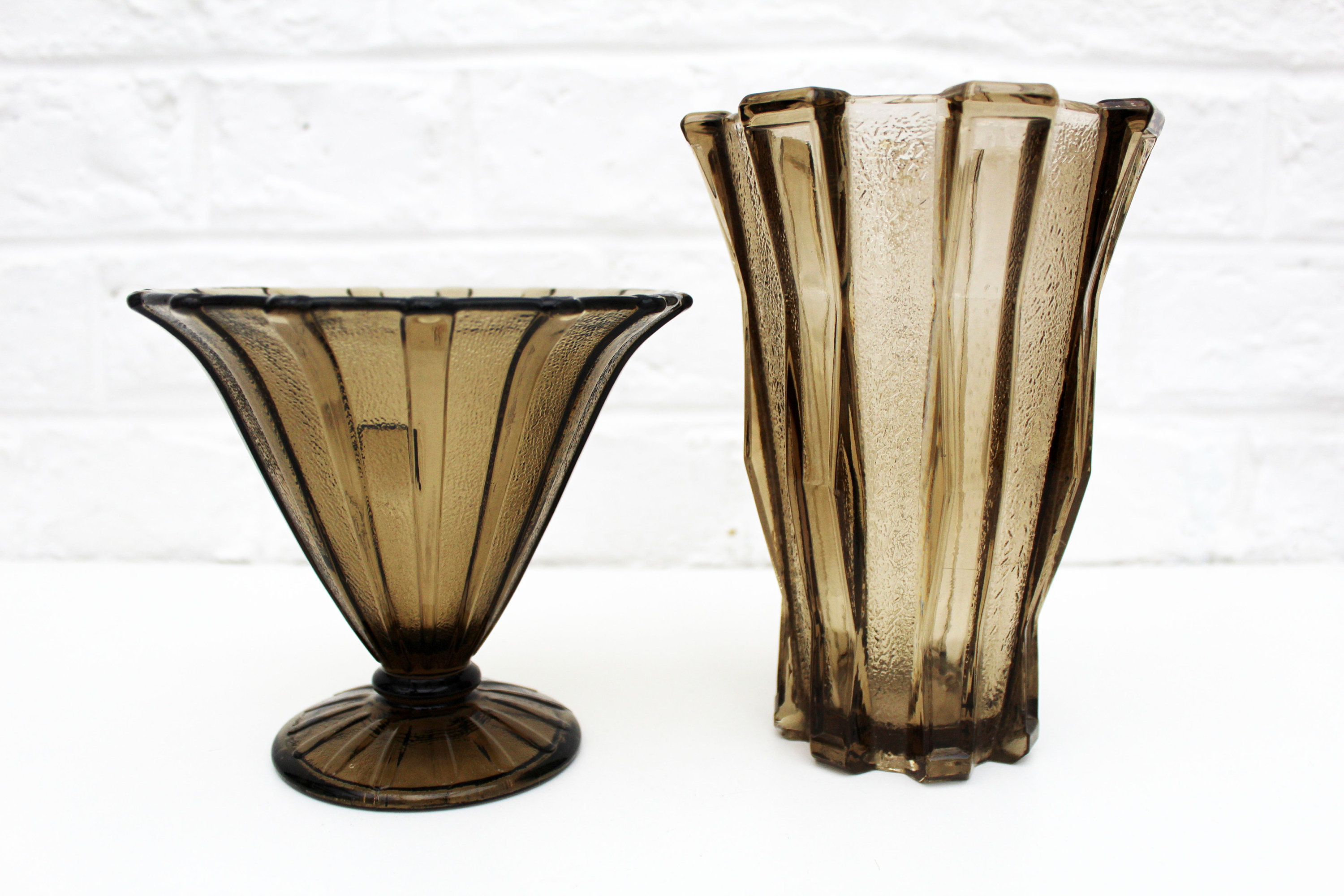 Two Vintage Art Deco Glass Vase Smoke Brown Vase Geometric