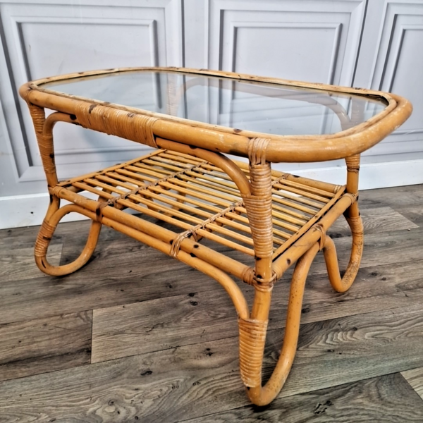 Retro Modern Table Top Retro Vintage Coffee Table Mid Century Bamboo & Rattan Glass Top – Boho ...