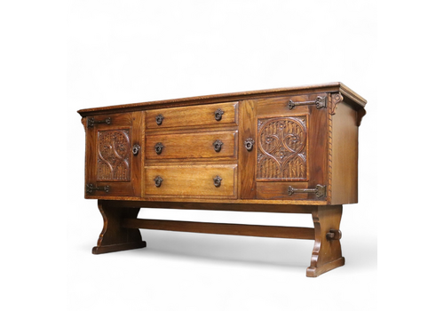 Vintage Gothic Revival Carved Oak Sideboard Trestle Base Tudor Style Credenza