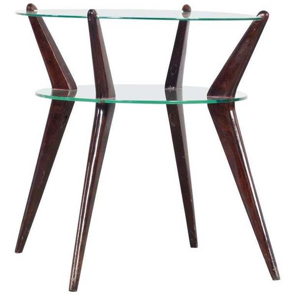 Italian Coffee Table With Legs Of Dark Stained Wood And Glass Top 1950s
