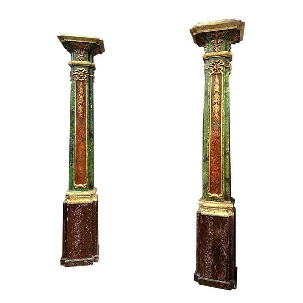 Pair Of Decorative Polychrome Columns With Gilt Trim, Italy | Vinterior