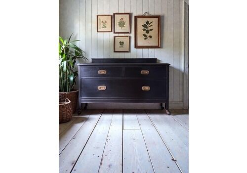 Vintage Oak Black Painted Lowboy Chest Of Drawers Tv Table.