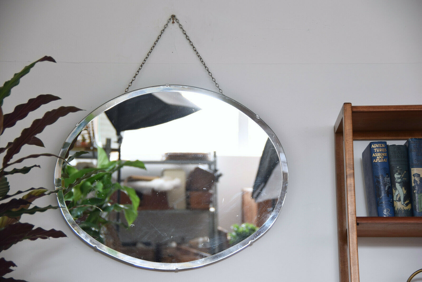 Vintage Oval Shaped Mirror Bevelled Edged Mid Century With Chain