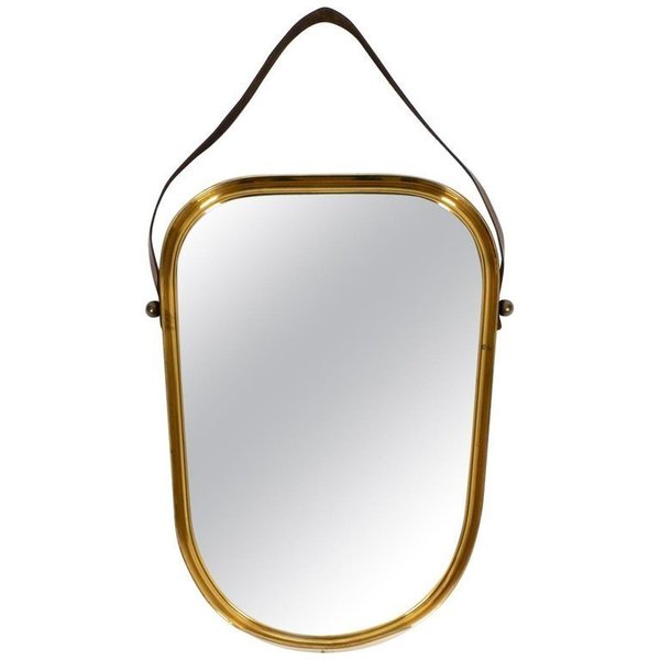 Heavy Mid Century Modern Brass Wall Mirror With Wide Leather Strap