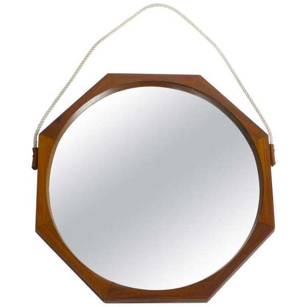 1960s Large Octagon Teak Wall Mirror With Thick Natural Fiber Rope
