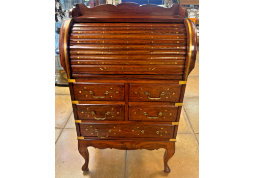 Vintage Mahogany & Brass Inlay Roll Top Bureau With Drawers