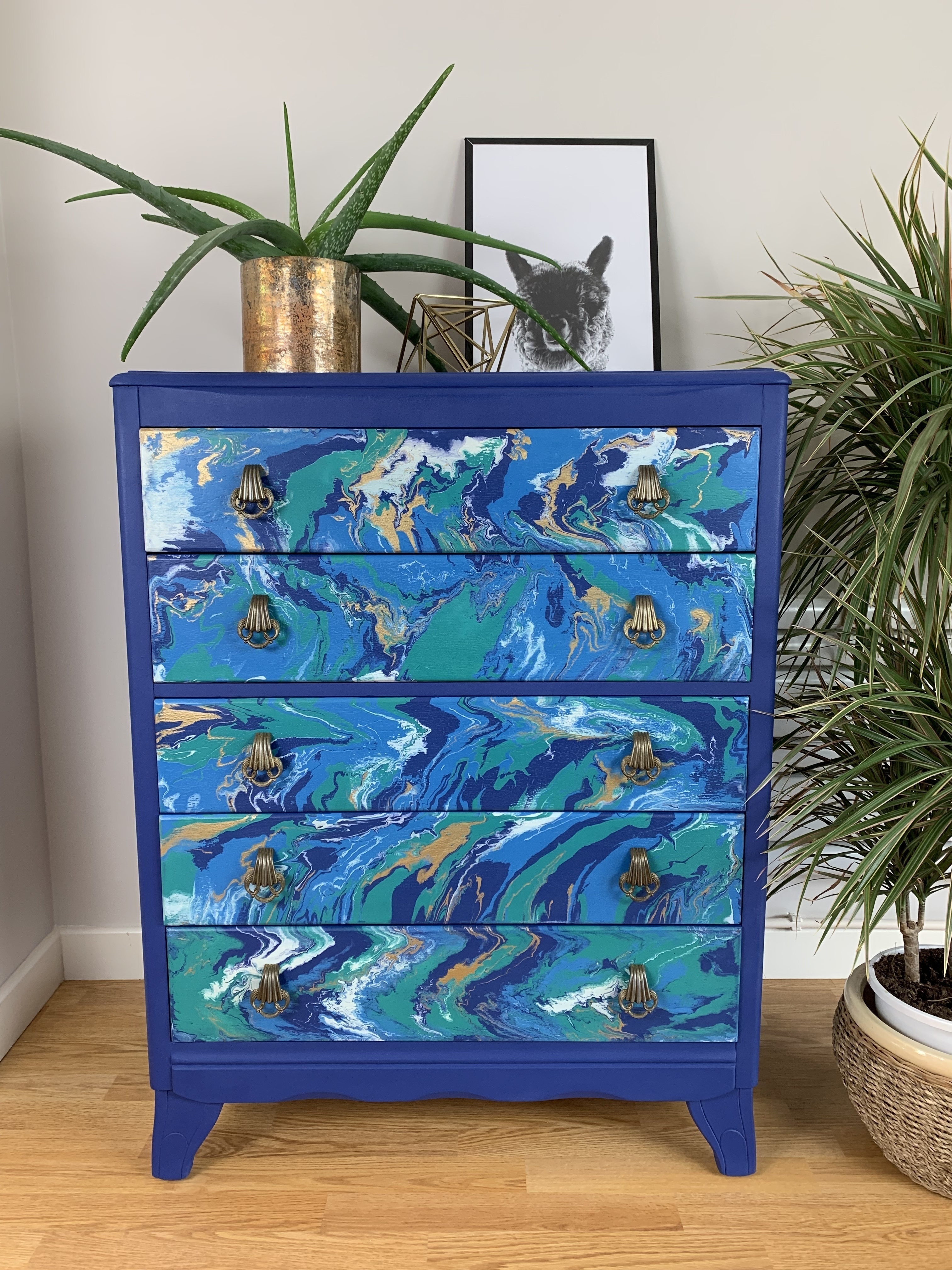 Vintage Blue Painted Chest Of Drawers Paint Pour Marbling Bedroom