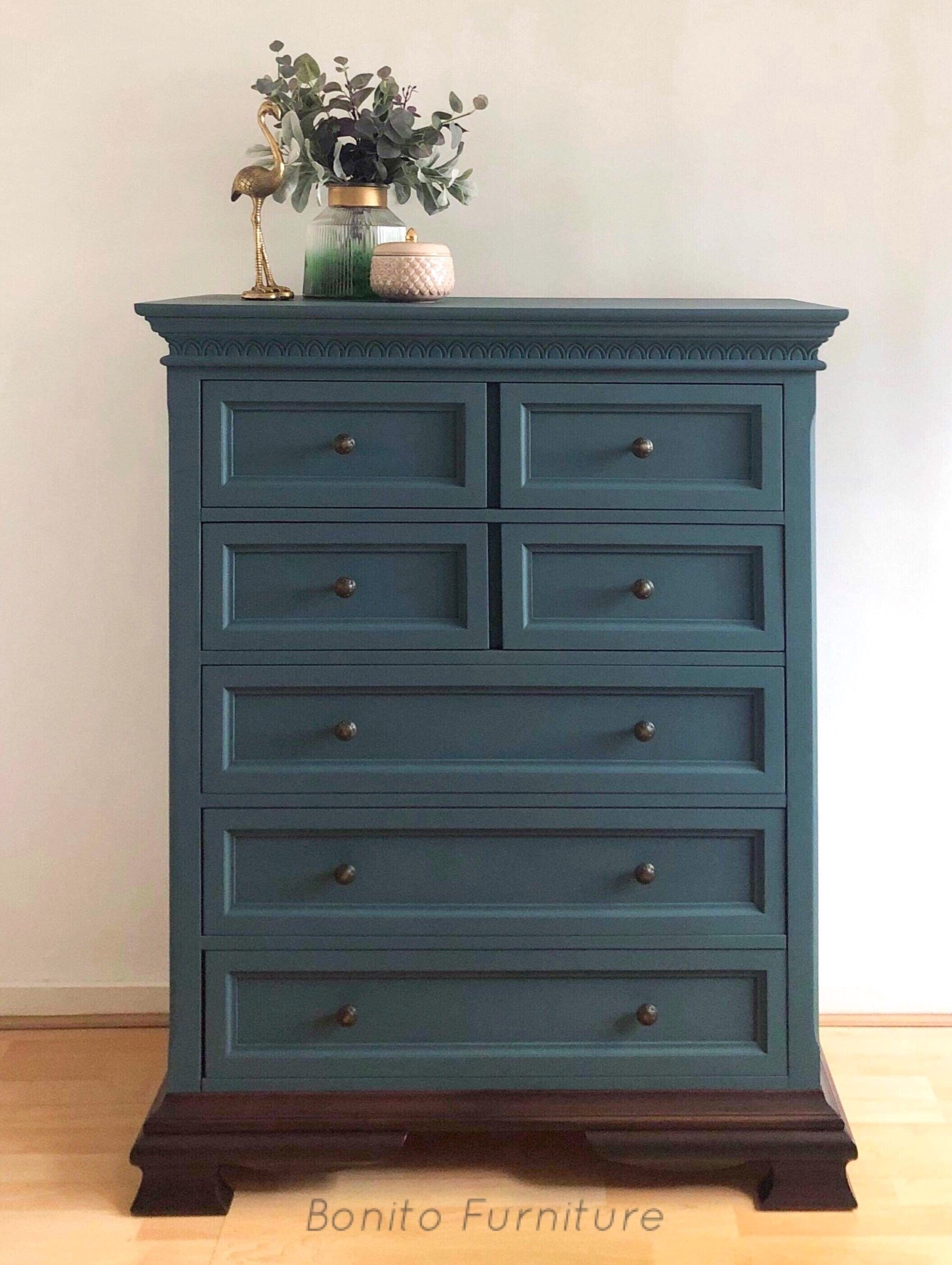 Solid Wood Painted Teal Tallboy Chest Of Drawers Vinterior
