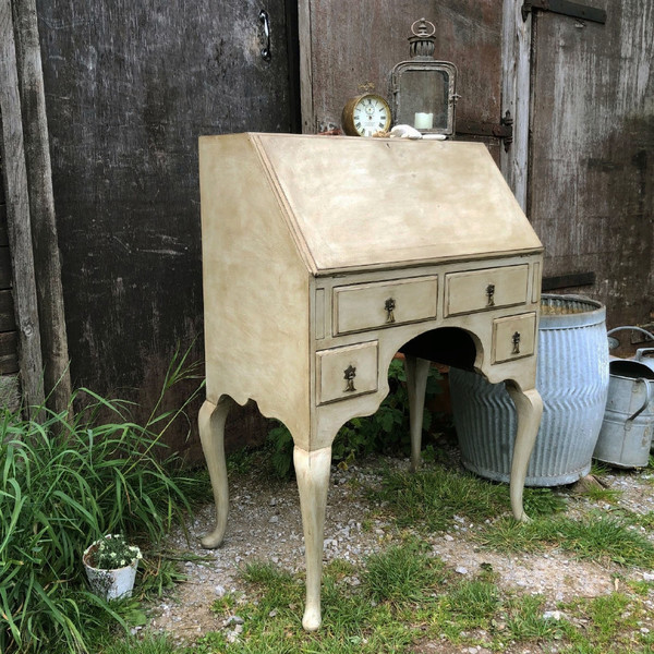 Grey Hand Painted Vintage Jacobean Country Style Mahogany Writing Desk Bureau